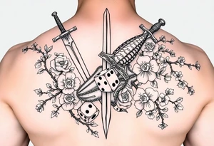 knight and sword and squid intertwined with climbing roses and thorny vines with cherry blossoms rolling dice tattoo idea