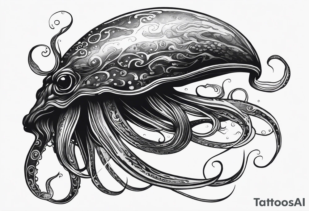 A visual representation of the horror squid concept, showing the squid becoming invisible in ink, its body turning black to blend in with its deep sea environment. The overall environment is dark, creating an eerie underwater atmosphere. tattoo idea