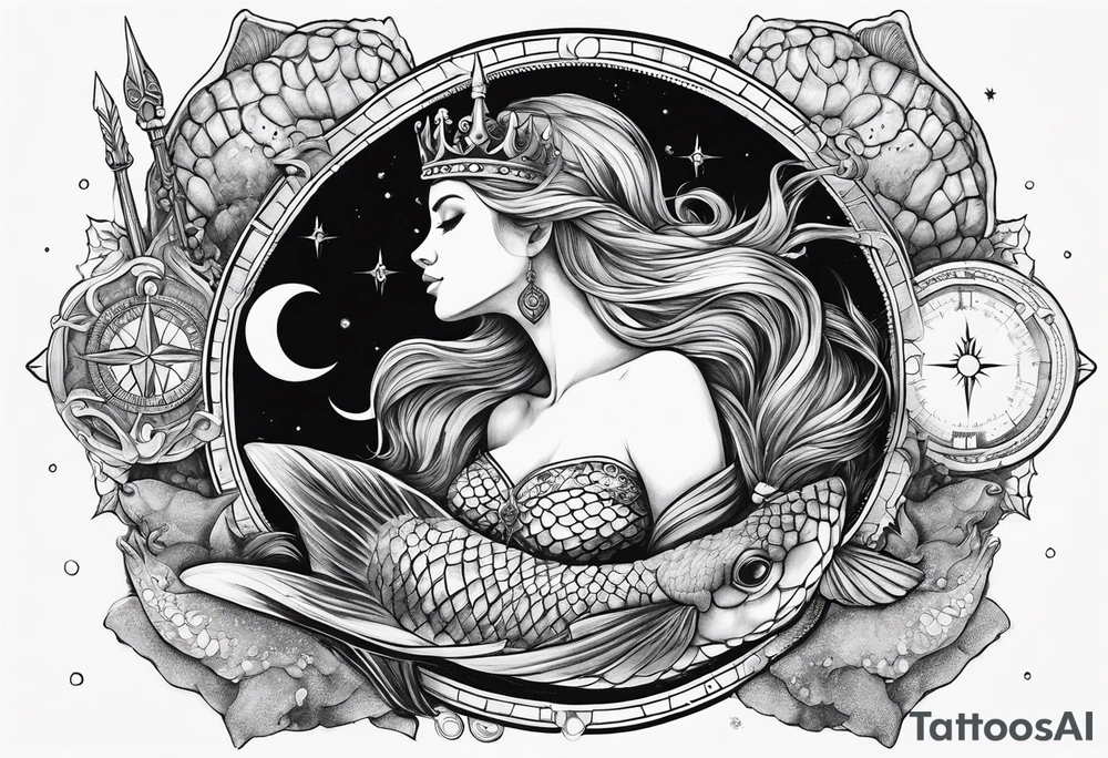 Mermaid with trident and crown, sea turtle, compass, cresent moon tattoo idea