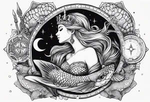 Mermaid with trident and crown, sea turtle, compass, cresent moon tattoo idea