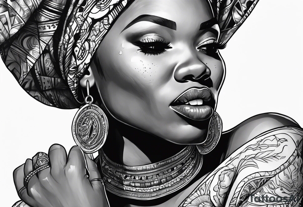 african woman biting money tattoo idea