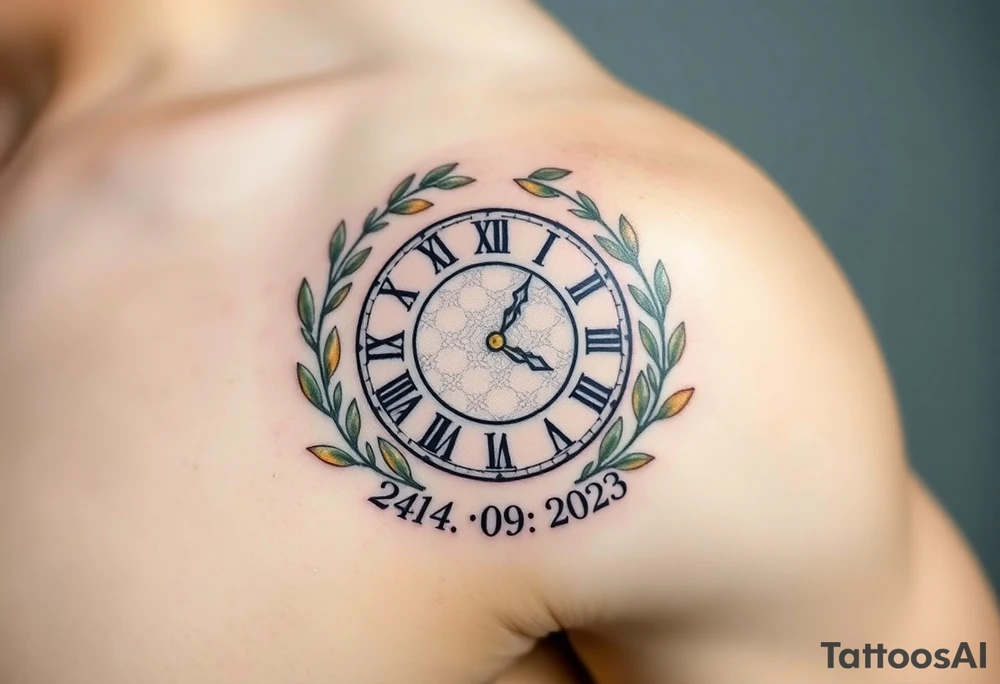 A Roman numeral clock surrounded by olive branches, with baby´s name "Erik" and birth date "24. 09. 2023 in muted green and gold tattoo idea