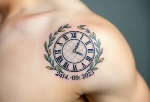 A Roman numeral clock surrounded by olive branches, with baby´s name "Erik" and birth date "24. 09. 2023 in muted green and gold tattoo idea