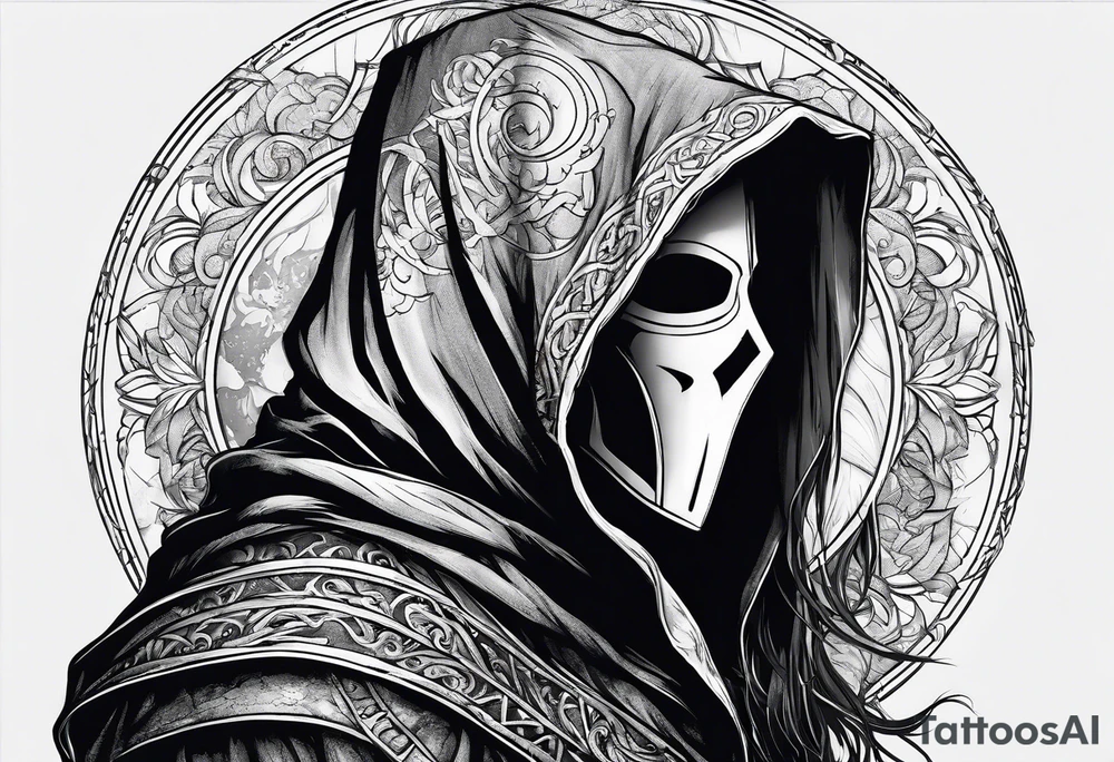 Hooded figure with no face carrying staff and wearing a long tattered cloak tattoo idea