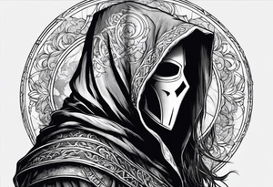 Hooded figure with no face carrying staff and wearing a long tattered cloak tattoo idea