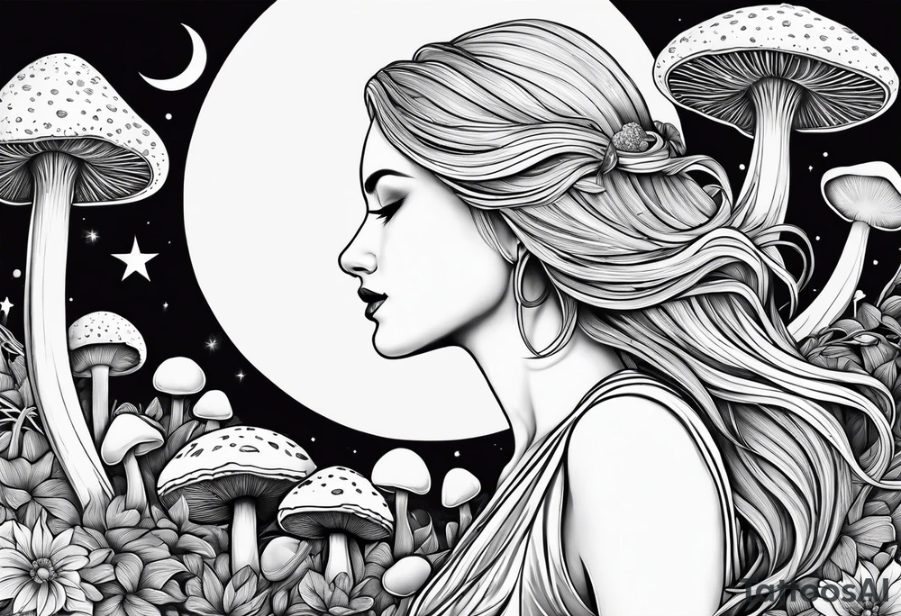 Blonde long straight hair older woman surrounded by mushrooms mountains crescent moon background tattoo idea