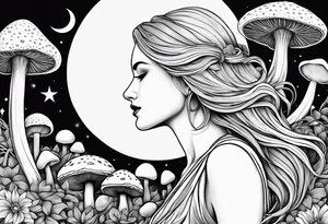 Blonde long straight hair older woman surrounded by mushrooms mountains crescent moon background tattoo idea