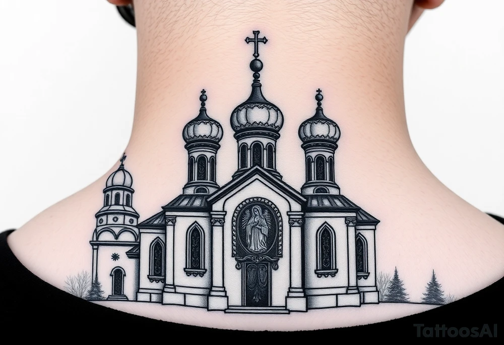 medium sized Russian orthodox church with bulb domes with a prominent russian orthodox coat of arms & virgin mary tattoo idea