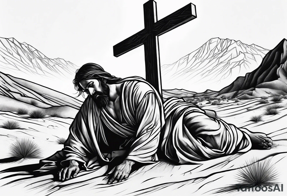 man crawling in a desert reaching to the cross of Christ tattoo idea