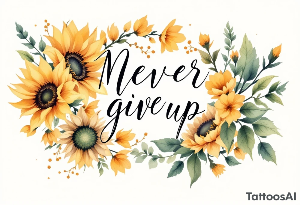"Never give up" in classic handwritten script, surrounded by sunflowers in golden yellow and green. tattoo idea