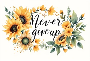 "Never give up" in classic handwritten script, surrounded by sunflowers in golden yellow and green. tattoo idea