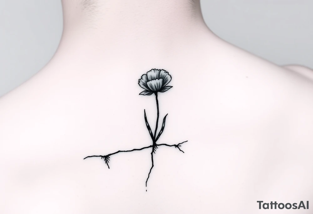 Single simple line drawing style poppy growing up from cracks in pavement watercolor coloring on poppy only back of ankle/heel or back of upper arm, more artistic rendering of cracks, very minimal/simplistic design tattoo idea