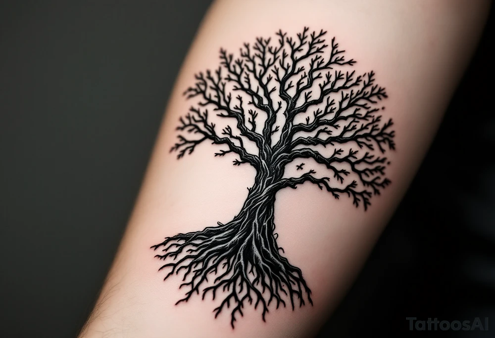 mystical tree of life with cosmic roots and celestial branches tattoo idea