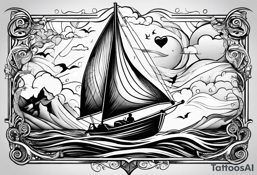 I want a fine tattoo with lots of detail depicting a kitesurfer with a heart-shaped sail inflated by the wind. tattoo idea