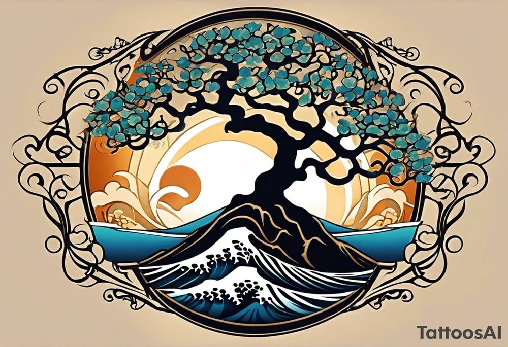an abstract Tree of Life tattoo. It should have roots growing out of the bottom. The roots slowly turn into water from the Great Wave by Hokusai. A golf flag should be placed discreetly growing out of the ground. 2 license plate tags should be hanging from the tree. Place a few music notes in the areas the leaves should be. The letters A U should be engraved into the tree trunk in a heart. tattoo idea