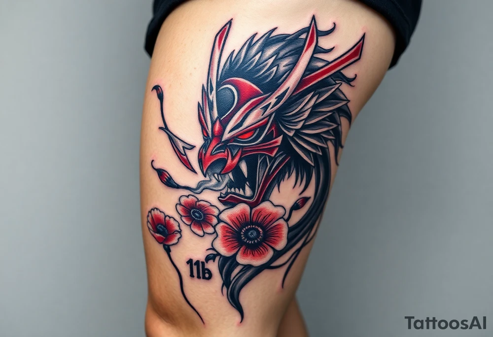 Big Rouge ronin to cover the entire thigh with smoke coming out of its mouth with 11b tattooed under its left eye with 1 poppy on each side of the ronin tattoo idea