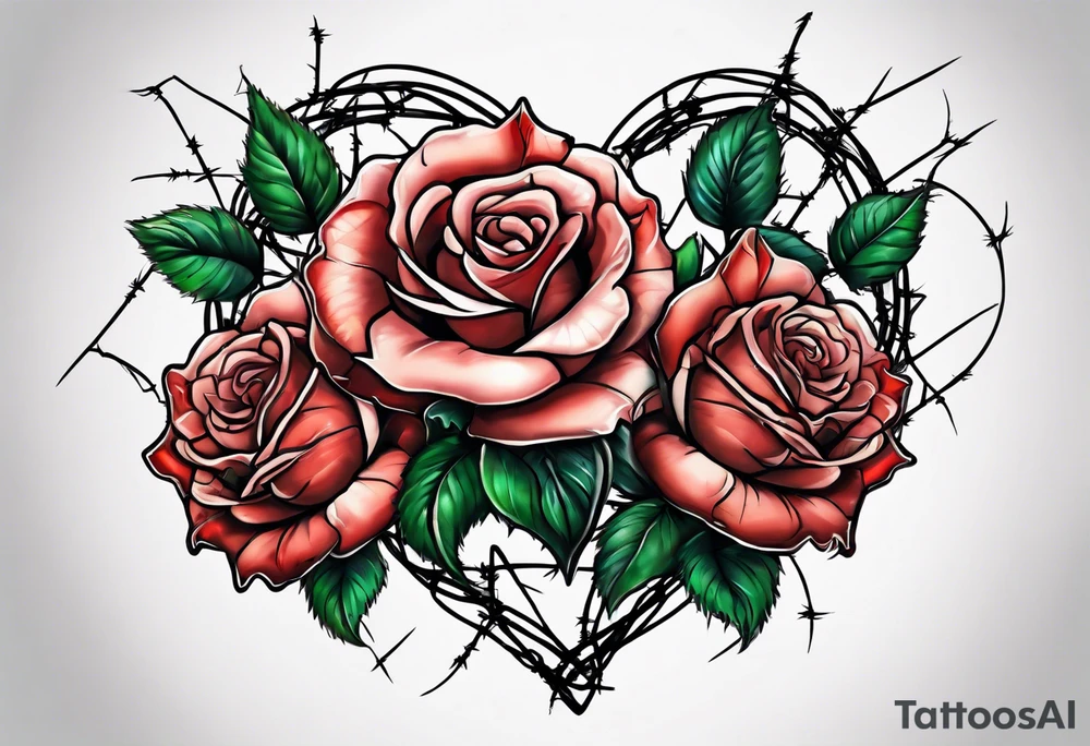 Three roses with barbed wire wrapped around them and a broken heart tattoo idea