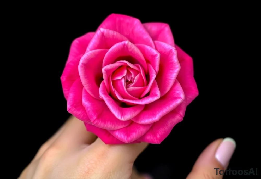 The pink rose appears as if viewed through a mesmerizing kaleidoscope, with its delicate petals radiating outward in a perfectly symmetrical, fractal-like pattern. Shades of soft blush and vibrant magenta blend seamlessly, creating a hypnotic, almost surreal visual effect that draws the eye deeper into its intricate layers. The petals seem to fold and reflect infinitely, forming geometric shapes that shift and transform, giving the rose an ethereal, dreamlike quality. tattoo idea