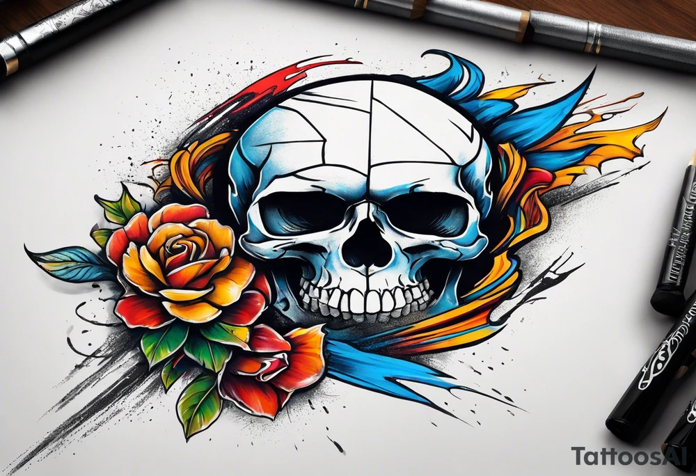Design a tattoo concept that features a skull breaking free from censorship, symbolizing the fight for freedom of expression. The skull should be positioned on the neck, with bold lines and vibrant colors to represent the struggle against oppression. tattoo idea