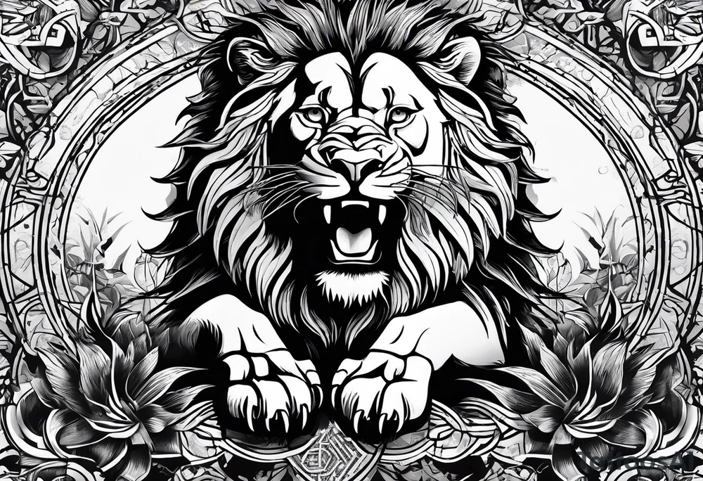 One roaring lion, next to it a roaring lioness, below them 3 roaring lion cubs and around a Star of David tattoo idea