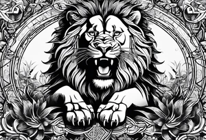One roaring lion, next to it a roaring lioness, below them 3 roaring lion cubs and around a Star of David tattoo idea