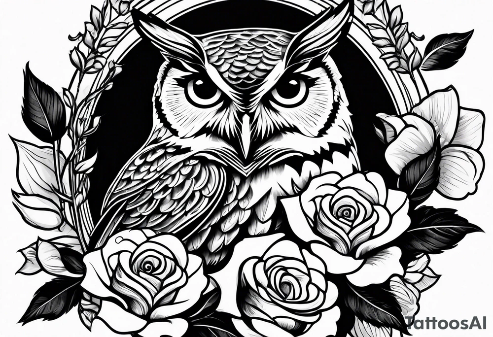 An owl, a rose, a paw print tattoo idea