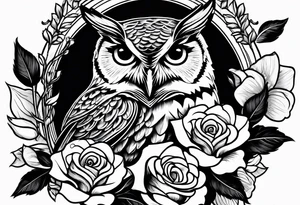 An owl, a rose, a paw print tattoo idea
