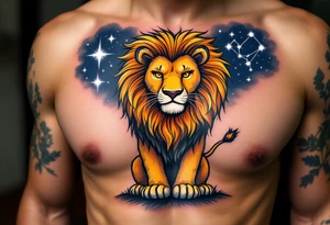 A proud lion stands under a night sky shaded in navy, with the Leo star constellation highlighted in silver stardust above. tattoo idea