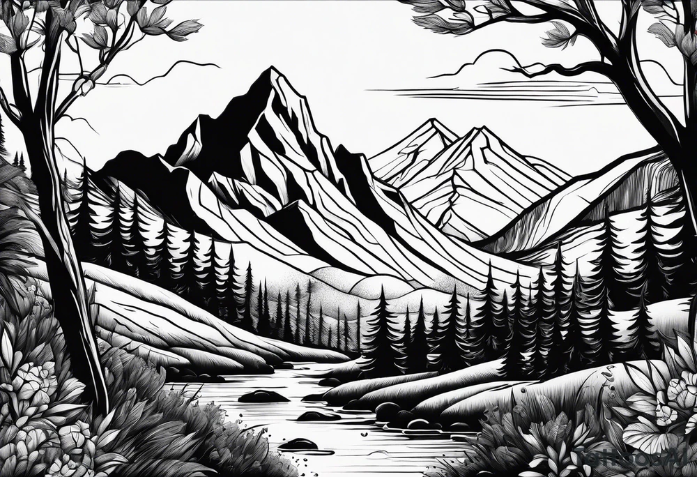 Fineline mountain scene tattoo idea