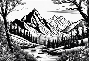 Fineline mountain scene tattoo idea