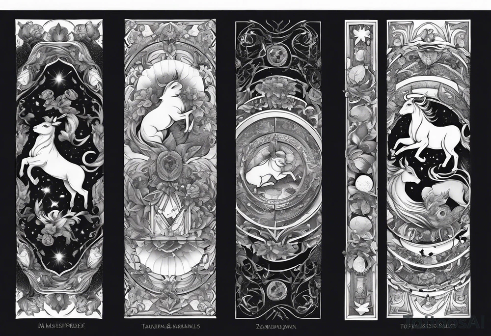 Zodiac animals arm sleeve with Taurus, Gemini, Cancer, Leo, and Sagittarius tattoo idea