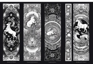Zodiac animals arm sleeve with Taurus, Gemini, Cancer, Leo, and Sagittarius tattoo idea