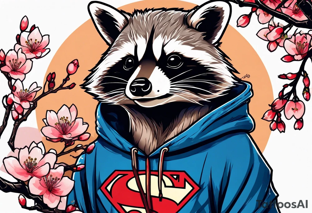 Raccoon wearing a Superman hoodie and Japanese cherry blossoms tattoo idea