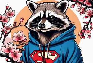 Raccoon wearing a Superman hoodie and Japanese cherry blossoms tattoo idea
