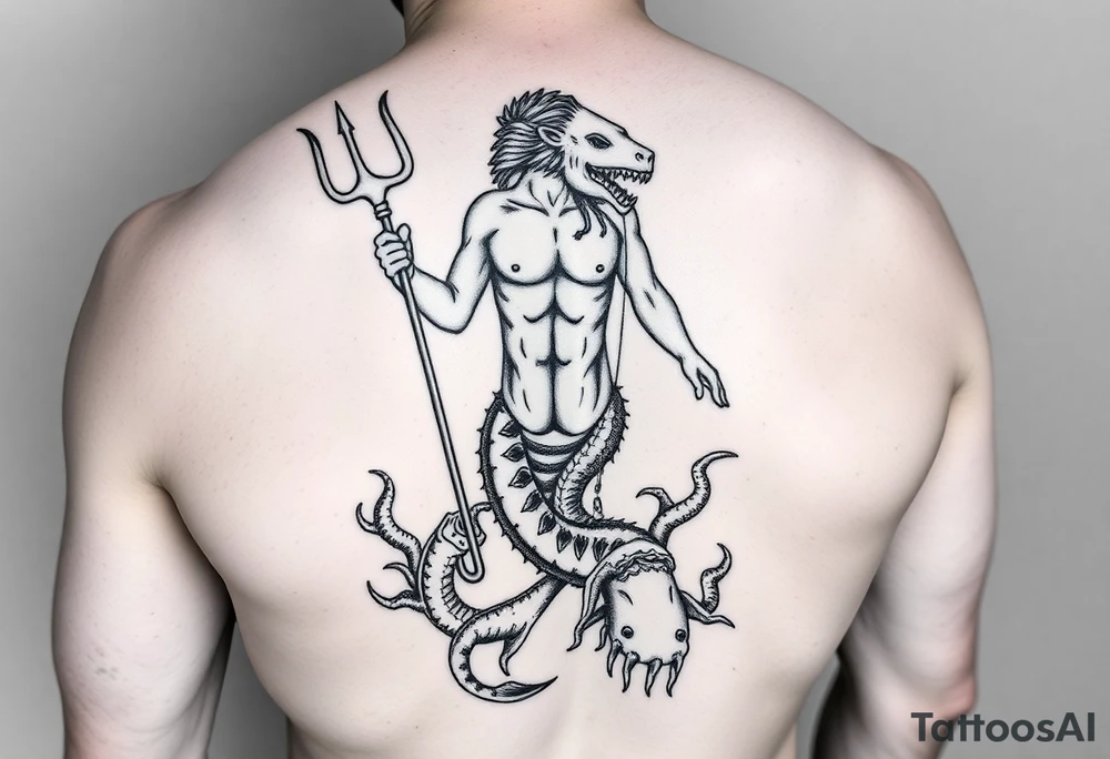 Shoulder and sleeve tattoo with a young poseidon showing torso with the trident and lower down sea creatures swirling around tattoo idea