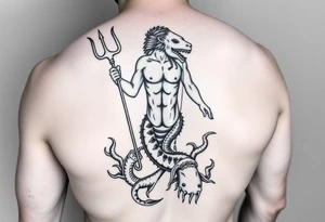 Shoulder and sleeve tattoo with a young poseidon showing torso with the trident and lower down sea creatures swirling around tattoo idea