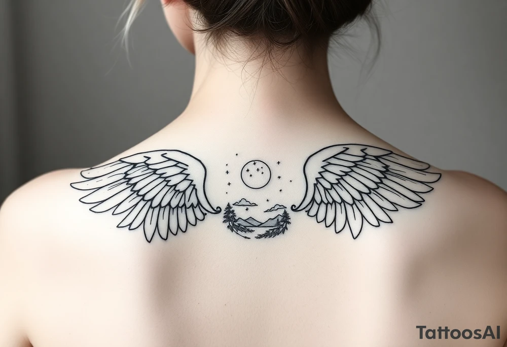 Night sky with constellation, stars & moon seen from a frame of natural landscape angel wings spiritual tattoo idea