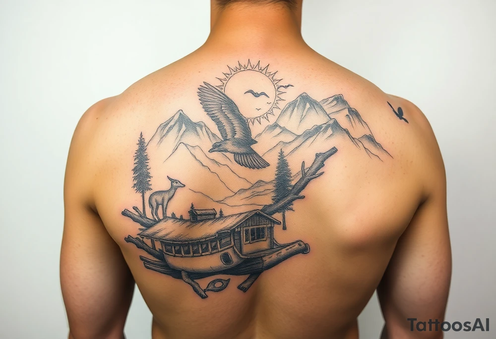 Create a scenic nature half sleeve for a man. Add lots of details including animals. tattoo idea