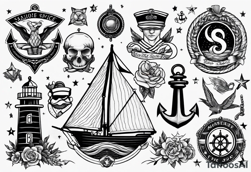 Traditional tattoo flash sheet sailor theme tattoo idea