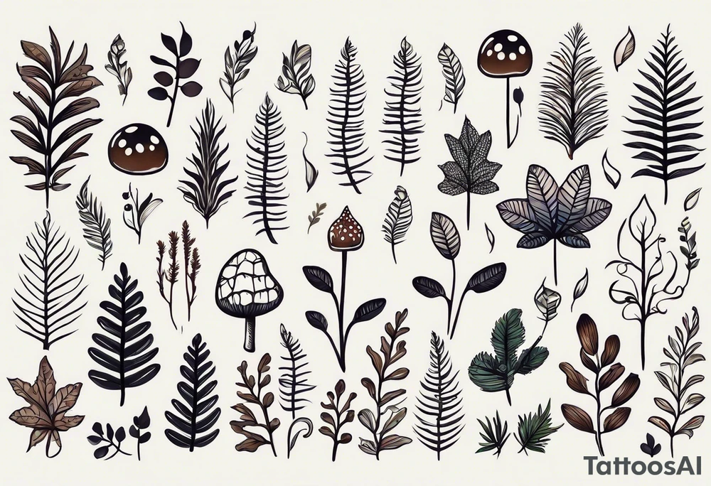 minimalistic forest floor inspired tattoo, which includes grass, moss, curly ferns and dead leaves as the bulk of the tattoo. details to include: forest berries, couple of very small brown mushrooms, a tiny bumblebee flying nearby tattoo idea