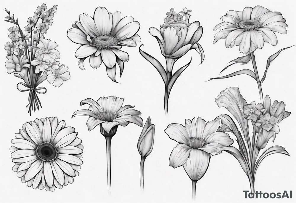 a fine line, dainty bouquet of a gerbera daisy, an iris, blue bells, and forget me nots, tied together with a small bow. no shading or realism. a small line work piece tattoo idea