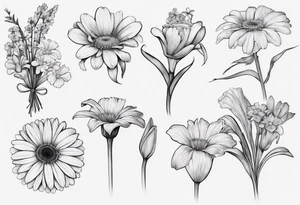 a fine line, dainty bouquet of a gerbera daisy, an iris, blue bells, and forget me nots, tied together with a small bow. no shading or realism. a small line work piece tattoo idea