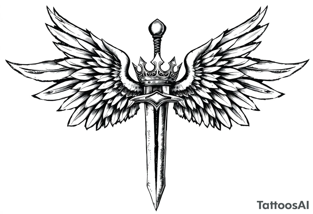 A sword with wings on the handle and a crown over the sword tattoo idea