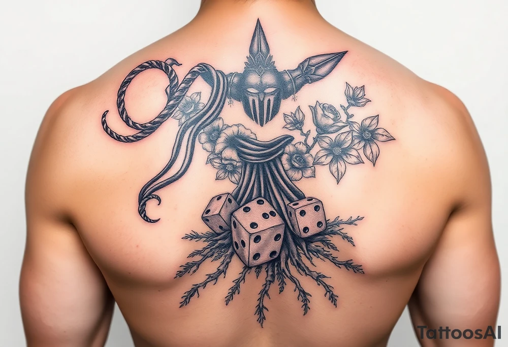 Gods hand, squid, knight with roses and tree roots rolling dice tattoo idea