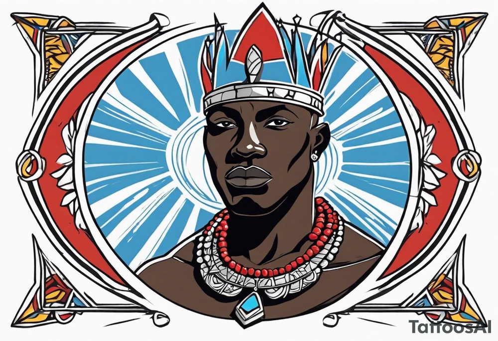 Black-skinned bald african warrior. He wears a simple and small silver crown. He uses two simple necklaces: one blue, other red. He has cowry shells in his crown tattoo idea