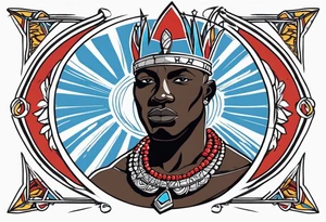 Black-skinned bald african warrior. He wears a simple and small silver crown. He uses two simple necklaces: one blue, other red. He has cowry shells in his crown tattoo idea