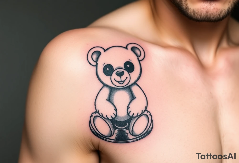 minimalist teddy bear with vinyl records as eyes smiling and sitting on a record tattoo idea