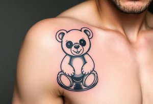 minimalist teddy bear with vinyl records as eyes smiling and sitting on a record tattoo idea