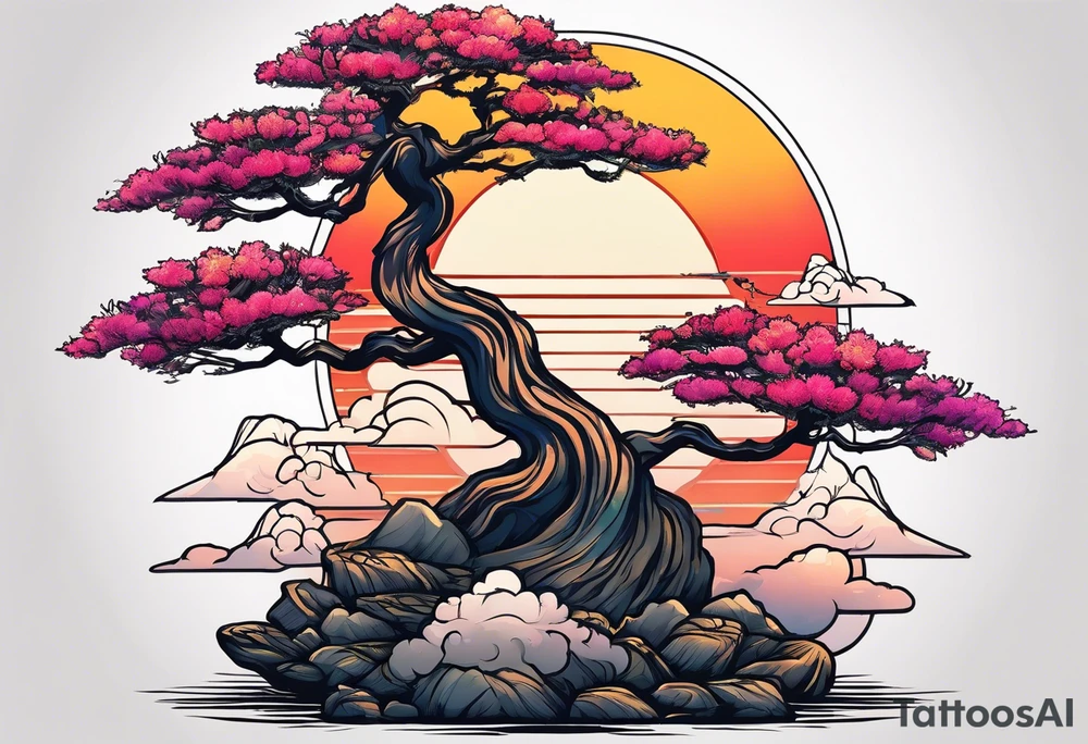 Sunset and little down bonsai trees tattoo idea