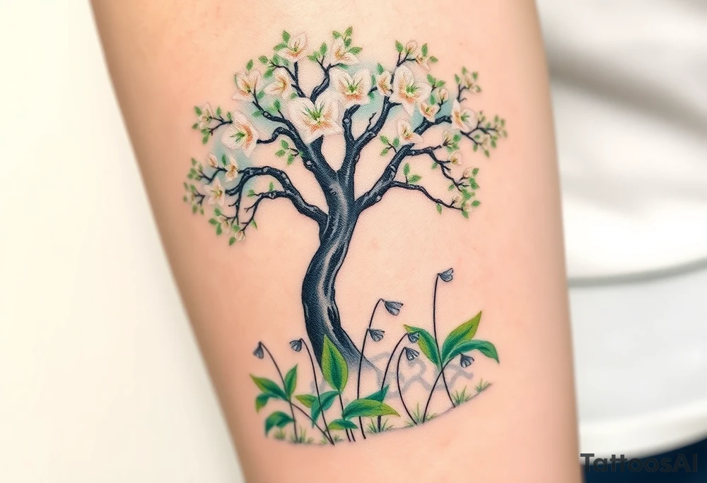 Lilly of the vally bell plants on the ground underneath a majestic blooming hawthorn tree tattoo idea